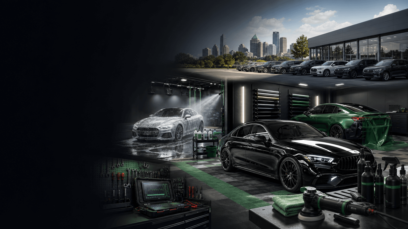 An automotive service marketplace scene with car detailing, car wash, paint protection film, vinyl wrap, electrical repair, and dealership services