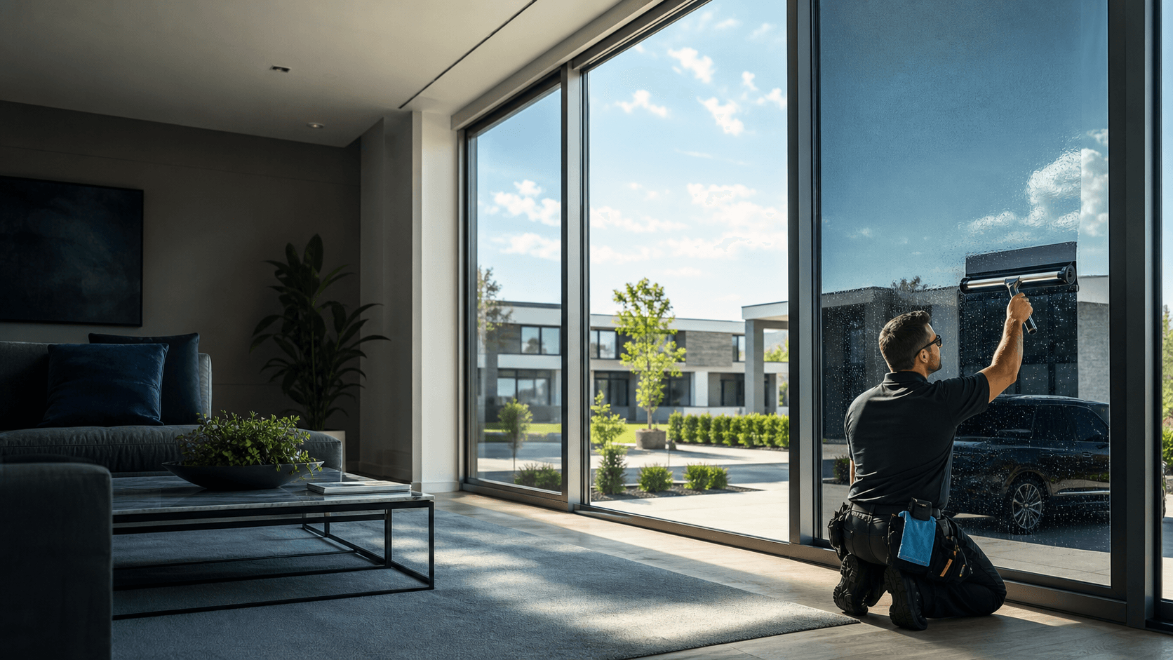 A bright modern room with freshly tinted windows and a professional applying window film